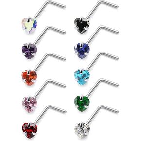 Kridzisw 22G 20G 18G Titanium Heart CZ Nose Rings Studs F316 Hypoallergenic Implant Grade Surgical Steel Diamond Nose Studs L Shaped Nose Piercing Jewelry for Women Sensitive Skin