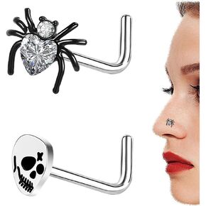 ZS 2Pcs 20G Spider Nose Rings Nostril Studs for Women Men, Surgical Steel L-Shaped Nose Studs Ring, Halloween Bat Skull Nose Piercing Jewelry