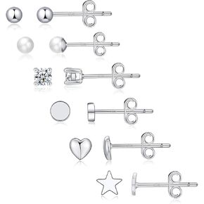 Sterling Silver Stud Earrings,6 Pairs Silver Studs Earrings for Women Small Hypoallergenic Earrings Studs Tiny Stud Sterling Silver Earrings Silver Earring Set For Multiple Piercing