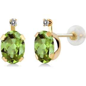 Gem Stone King 14K Yellow Gold Green Peridot and White Diamond Earrings | 1.61 Cttw | Gemstone August Birthstone | Oval 7X5MM | Gold Earrings For Women
