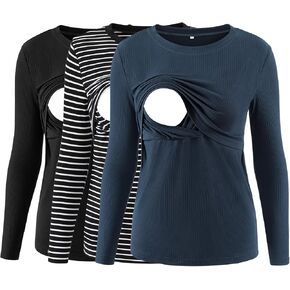 Liu & Qu Women's Nursing Tops Ribbed Long Sleeves Maternity Shirts Double Laye Breastfeeding Shirts Pregnancy Clothes 3 Packs