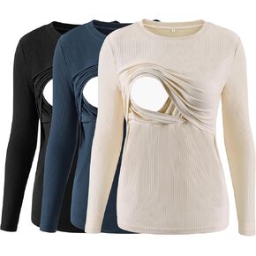 Liu & Qu Women's Nursing Tops Ribbed Long Sleeves Maternity Shirts Double Laye Breastfeeding Shirts Pregnancy Clothes 3 Packs