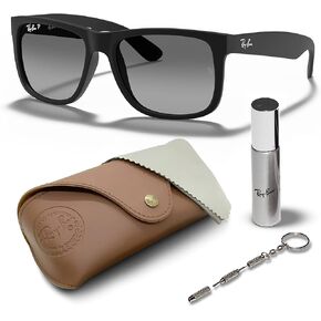Ray-Ban RB4165 JUSTIN Polarized Square Shape Sunglasses With Eyewear Kit Bundle - Low Bridge Fit - Ideal Formal and Casual Wear Square Sunglasses
