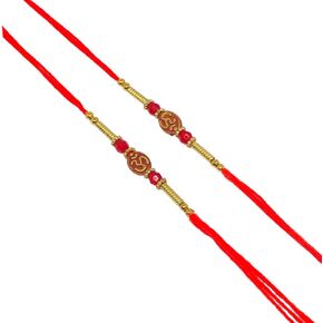Belexy Rakhi for Brother Bhaiya Bhabhi Bhatija Bhai Dooj, Oval Om Pendant with Red Crystal and golden Long Rings Rakhi Thread, Pack of 2