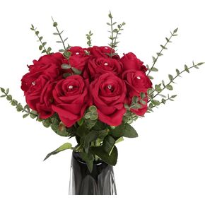 IPOPU 13PCS Artificial Flowers Gold Silk Roses with Crystal Fake Eucalyptus Roses Flower Bouquet Long Stem Realistic Faux Roses for Wendding Home Kitchen Party Decorations (Gold)