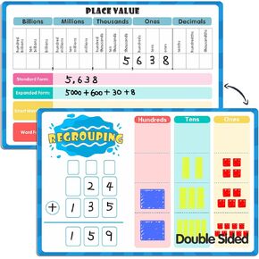 Dry Erase Place Value Whiteboard, 9" x 12" Double Sided Place Value Chart for Math Manipulatives, Teaching Tools, Billions to Decimal Numbers, Students, and Kids