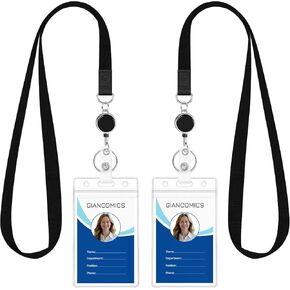 Giancomics Black Lanyards for Id Badges, ID Badge Holder with Retractable Reel, Waterproof Lanyards for Cruise Ships Cards Key with ID Card Holder Office Work Name Tag Zip Type Card Protector[2-Pack]