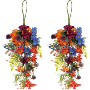 2 PCS Daisy and Wild Flower Teardrop Wreath for Front Door,25 Inch Spring Summer Teardrop Swag,Artificial Floral Multicolor white green purple in Saudi Arabia