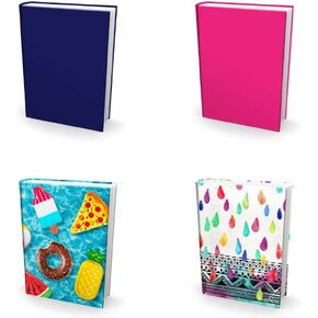 Easy Apply, Reusable Book Covers 4 Pk. Best Jumbo 9x11 Textbook Jackets for Back to School. Stretchable to Fit Most Large Hardcover Books. Perfect Fun, Washable Designs for Girls, Boys, Kids and Teens
