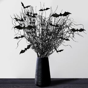 16 Pcs Artificial Halloween Branches Picks Ornaments with 12 Pcs Bats- Fake Black Berry Stems Curly Willow Branches- Faux Glitter Black Berries Twig Stems Sticks for Halloween Christmas Home Decor