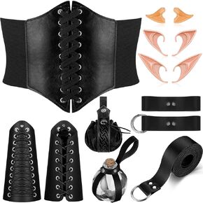 11 Pcs Halloween Renaissance Medieval Leather Costume Accessories Belt PU Tied Corset Cork Potion Bottle Elf Ears