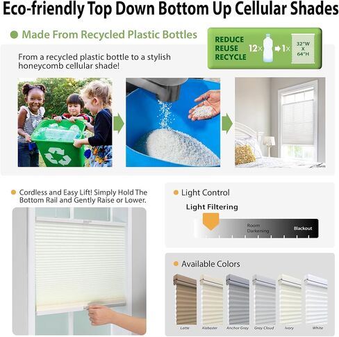 DEZ FURNISHINGS Cordless 1.5" Light Filtering Top Down Bottom Up Cellular Shade, 72" W x 48" H, White in Saudi Arabia