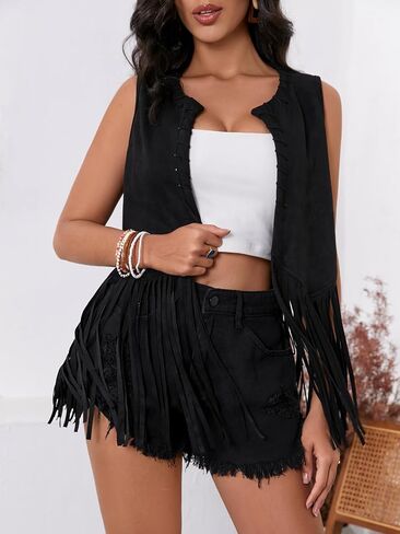 Women's Fringe Vest Sleeveless Faux Suede Tassel Cardigan Jacket 70s Hippie Western Outfits in Saudi Arabia
