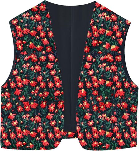 Women's Casual Vintage Daisy Embroiderd V-neckline Open Front Vest Sleeveless Cardigan Waistcoat in Saudi Arabia