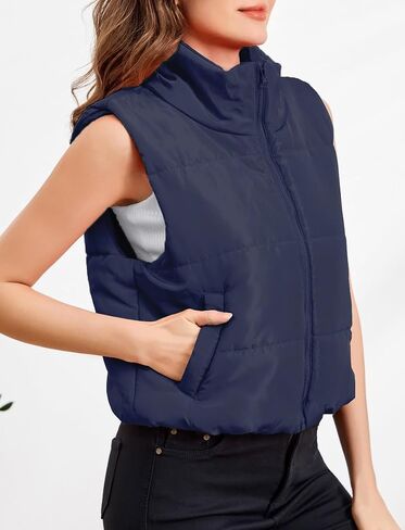 Puffer Vest Women Sleeveless Winter Warm Puffer Cropped Outerwear Stand-up Collar Down with Pocket in Saudi Arabia