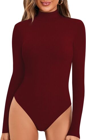 MANGOPOP Long Sleeve Bodysuits for Women Mock Turtle Neck Ribbed Body Suit Tops in Saudi Arabia