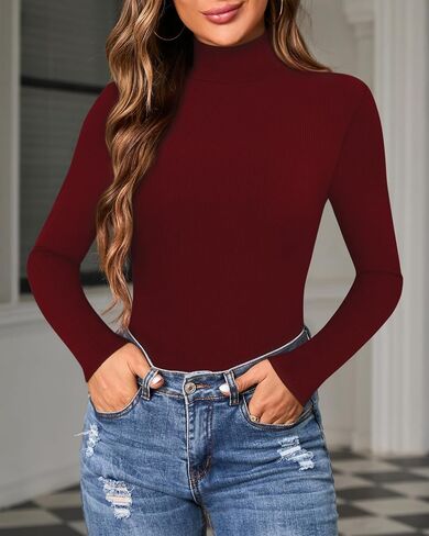 MANGOPOP Long Sleeve Bodysuits for Women Mock Turtle Neck Ribbed Body Suit Tops in Saudi Arabia