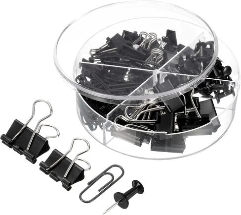 MECCANIXITY Paper Clips Binder Clips Set, 100 Pcs Office Clips with Binder Clips, Paper Clips, Push Pins Suitable for Desktop Office, Black in Saudi Arabia