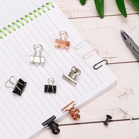 MECCANIXITY Paper Clips Binder Clips Set, 100 Pcs Office Clips with Binder Clips, Paper Clips, Push Pins Suitable for Desktop Office, Black in Saudi Arabia