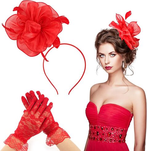 قبعة وقفازات Fascinators للنساء، قبعة حفلات الشاي ذات الريش الزهري مع قفازات قصيرة من الدانتيل مجموعة قبعة ديربي رقيقة لحفلات الزفاف in Saudi Arabia