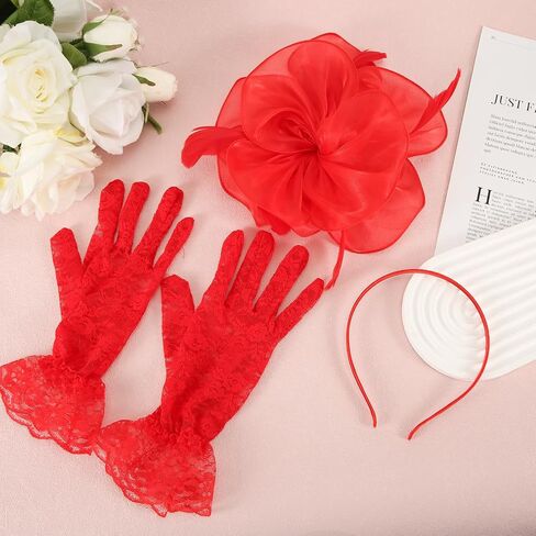 قبعة وقفازات Fascinators للنساء، قبعة حفلات الشاي ذات الريش الزهري مع قفازات قصيرة من الدانتيل مجموعة قبعة ديربي رقيقة لحفلات الزفاف in Saudi Arabia