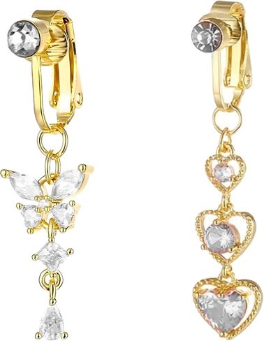 2PCS Fake Belly Button Ring Fake Belly Piercing Fake Belly Button Piercing Clip On Belly Button Rings CZ Dangle Heart Butterfly Fake Belly Rings Clip On Belly Button Piercing in Saudi Arabia