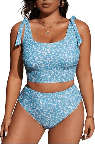 MakeMeChic Women's Plus Size Bikini Swimsuits Ditsy Floral Tie Shoulder High Waisted Bathing Suit in Saudi Arabia