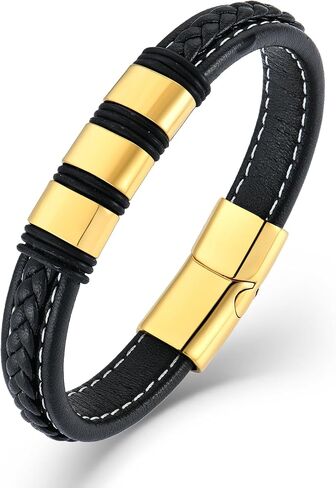 Stainless Steel Leather Bracelets for Men, Braided Bracelet Woven Bead Wristband with Durable Clasp for Men Jewelry Gifts in Saudi Arabia