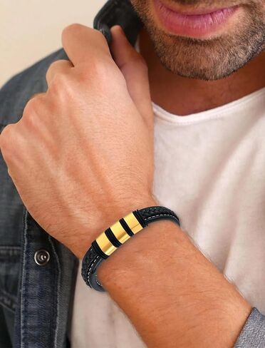 Stainless Steel Leather Bracelets for Men, Braided Bracelet Woven Bead Wristband with Durable Clasp for Men Jewelry Gifts in Saudi Arabia