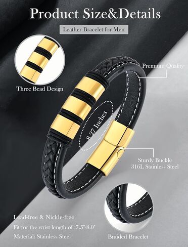 Stainless Steel Leather Bracelets for Men, Braided Bracelet Woven Bead Wristband with Durable Clasp for Men Jewelry Gifts in Saudi Arabia
