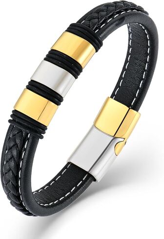 Stainless Steel Leather Bracelets for Men, Braided Bracelet Woven Bead Wristband with Durable Clasp for Men Jewelry Gifts in Saudi Arabia