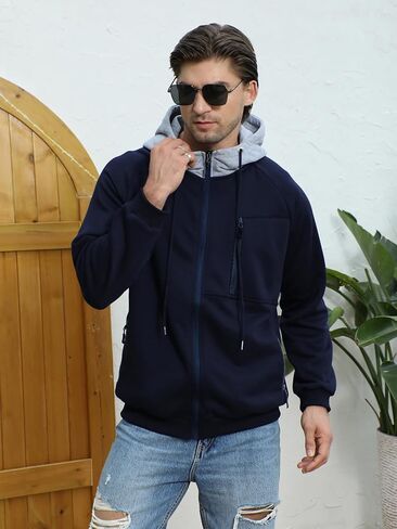 Men Hoodies Casual Hoodies for Men with Zip Pockets Full Zip Long Sleeve Sweatshirt Sports Color Block Hooded in Saudi Arabia
