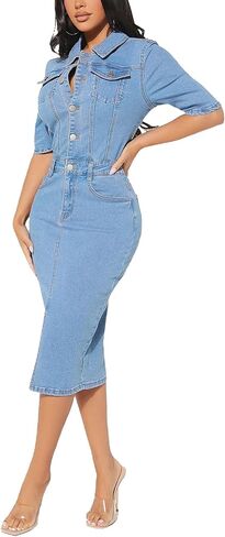 فستان مثير للنساء من قماش الدنيم Bodycon أنيق نصف كم 1/2 بأزرار سفلية وفتحة متوسطة الطول من قماش الدنيم in Kuwait