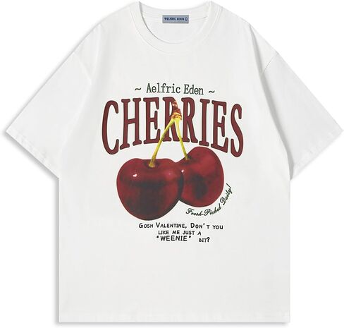 Aelfric Eden Oversized Graphic Tees Unisex Cherries Print T Shirts Casual Summer Short Sleeve Top Cotton Cute Tee Shirt in Saudi Arabia