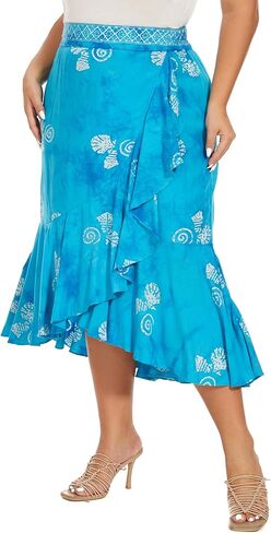 Women Hand Batik Floral Print Long Flowy Pleated Elastic High Low Ruffle Skirt XL 1X 2X in Kuwait