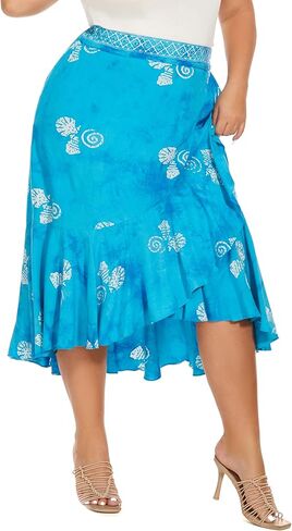 Women Hand Batik Floral Print Long Flowy Pleated Elastic High Low Ruffle Skirt XL 1X 2X in Kuwait
