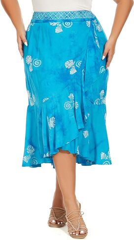 Women Hand Batik Floral Print Long Flowy Pleated Elastic High Low Ruffle Skirt XL 1X 2X in Kuwait