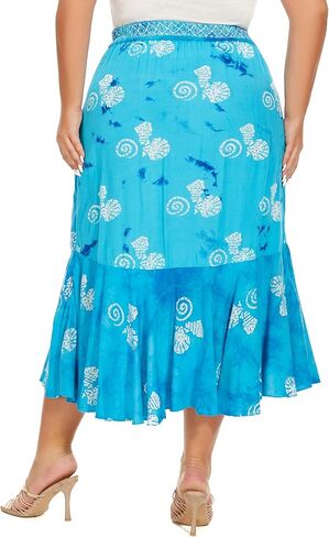 Women Hand Batik Floral Print Long Flowy Pleated Elastic High Low Ruffle Skirt XL 1X 2X in Kuwait