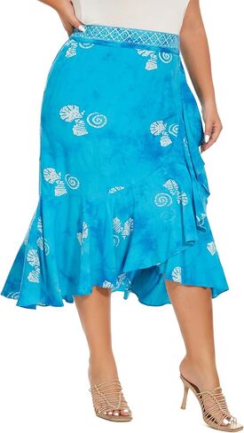 Women Hand Batik Floral Print Long Flowy Pleated Elastic High Low Ruffle Skirt XL 1X 2X in Kuwait