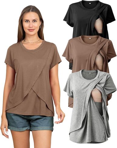 Rnxrbb 3 Pack Women's Nursing Tops for Breastfeeding Summer Short Sleeve T Shirts Postpartum Double Layer Clothes in Saudi Arabia
