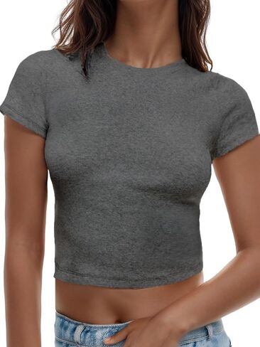 AnotherChill Women's Short Sleeve Crew Neck T-Shirts Ribbed Cotton Crop Top Y2K Summer Going Out Tops Baby Tee Outfits 2024 in Saudi Arabia