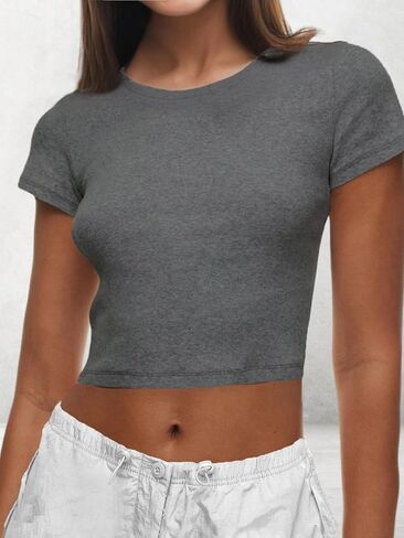 AnotherChill Women's Short Sleeve Crew Neck T-Shirts Ribbed Cotton Crop Top Y2K Summer Going Out Tops Baby Tee Outfits 2024 in Saudi Arabia
