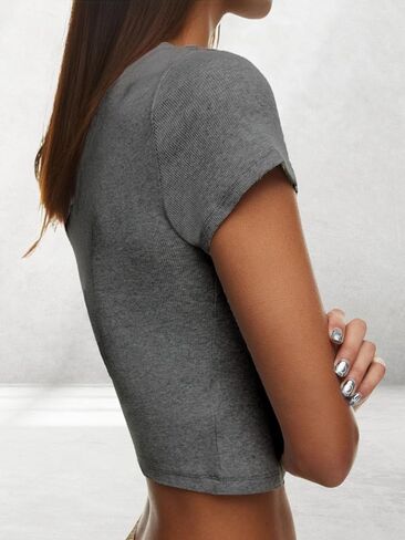 AnotherChill Women's Short Sleeve Crew Neck T-Shirts Ribbed Cotton Crop Top Y2K Summer Going Out Tops Baby Tee Outfits 2024 in Saudi Arabia