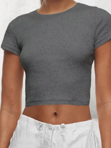 AnotherChill Women's Short Sleeve Crew Neck T-Shirts Ribbed Cotton Crop Top Y2K Summer Going Out Tops Baby Tee Outfits 2024 in Saudi Arabia