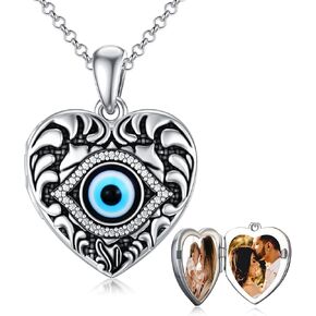 SOULMEET Heart Shaped Evil Eye Locket Necklace That Holds 2 Pictures Sterling Silver Protection Amulet Photo Pendant Necklace
