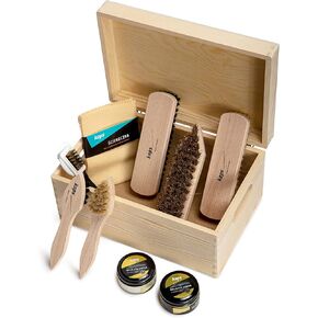 Kaps Complete Shoe Clean and Care Kit, 9 Piece Shoe Care Set for Leather Boots and Shoes, Footwear Cleaning Kit with Wooden Gift Box