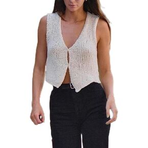 ROAONOCOMO Women Retro Crochet Knit Tank Vest Y2k Printed Crop Tops Patchwork Sweater Tanks E-Girl Trendy Streetwear