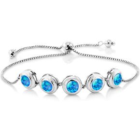 Gem Stone King 925 Sterling Silver Blue Simulated Opal Tennis Bracelet For Women (3.75 Cttw, Round Cabochon 6MM, Gemstone October Birthstone, Fully Adjustable Up to 9 Inch)