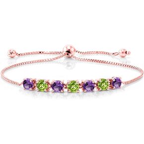 Gem Stone King 2.67 Ct Round Purple Amethyst Green Peridot 18K Rose Gold Plated Silver Bracelet For Women