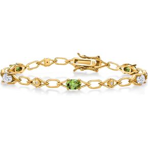 Gem Stone King 18K Yellow Gold Plated Silver Green Peridot and White Moissanite and Round White Lab Grown Diamond Tennis Bracelet For Women (3.04 Cttw, Gemstone Birthstone, Oval 6X4MM, 7.25 Inches)